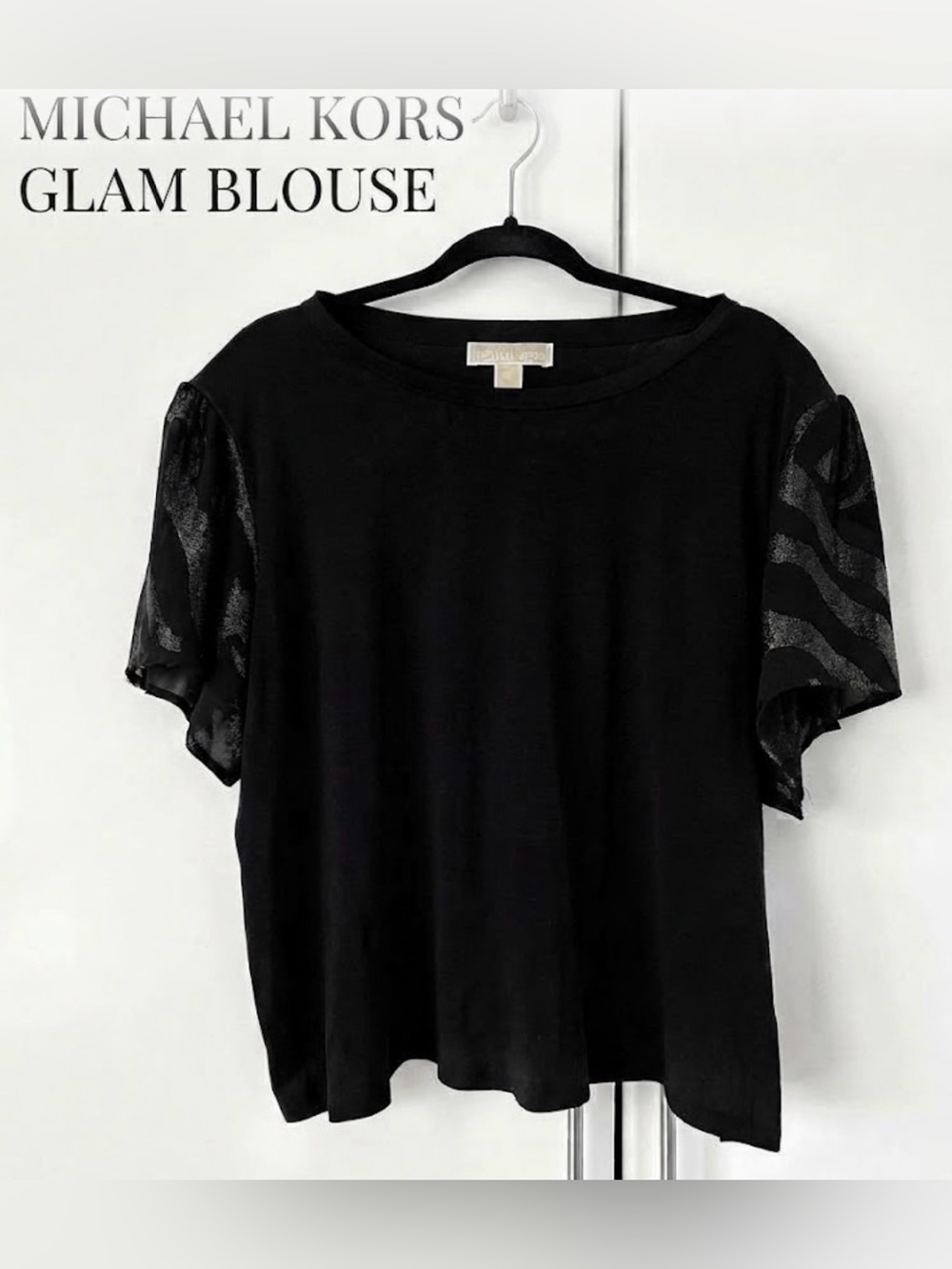 Michael Kors Black Blouse with Shimmery Sheer Animal Print Sleeves Size 3X